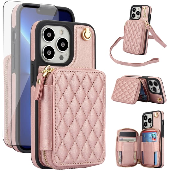 Compatible with iPhone 15 Pro 6.1 inch Wallet Phone Case Tempered Glass Screen Protector Wrist Crossbody Strap Stand Credit Card Holder RFID Slot Cell Cover for i Phone15 i15Pro Women Girls Rose Gold