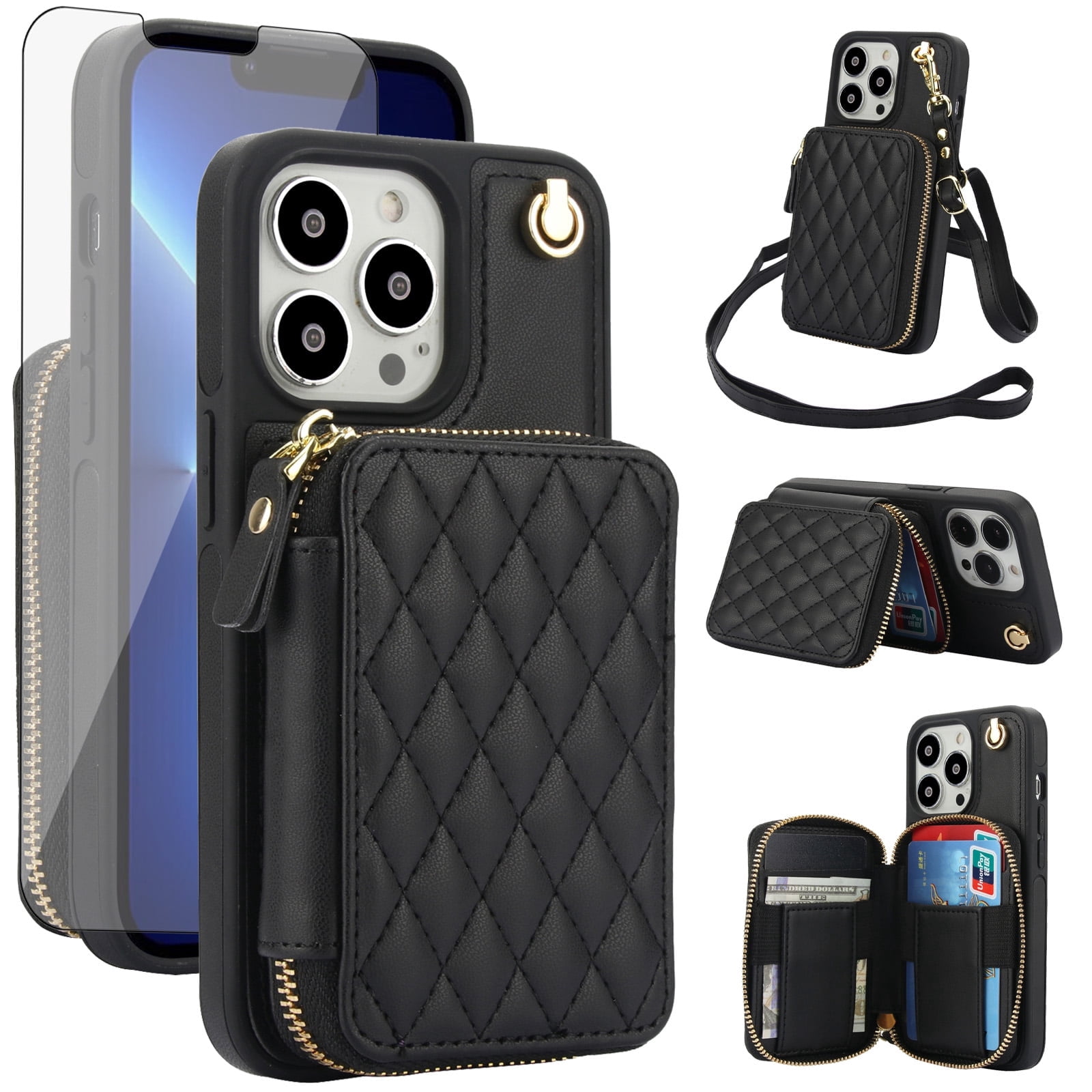 Compatible with iPhone 15 Pro 6.1 inch Wallet Phone Case Tempered Glass Screen Protector Wrist Crossbody Strap Stand Credit Card Holder RFID Slot Cell Cover for i Phone15 i15 15Pro Women Girls Black