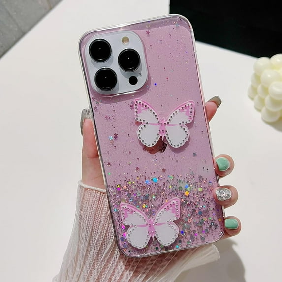 Compatible with iPhone 15 Pro Bling Case 3D Diamond Butterfly Case Luxury Sparkly Glitter Sequins Phone Cover for Women Girly Shiny Aesthetic Soft TPU Protective Shockproof Cover, Pink