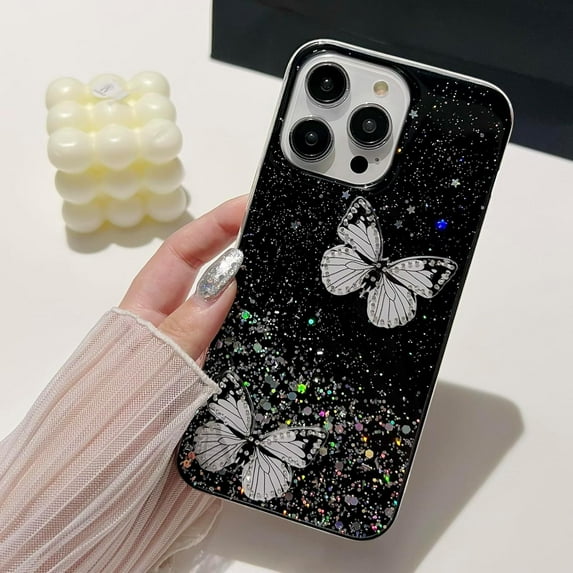 Compatible with iPhone 15 Pro Bling Case 3D Diamond Butterfly Case Luxury Sparkly Glitter Sequins Phone Cover for Women Girly Shiny Aesthetic Soft TPU Protective Shockproof Cover, Black