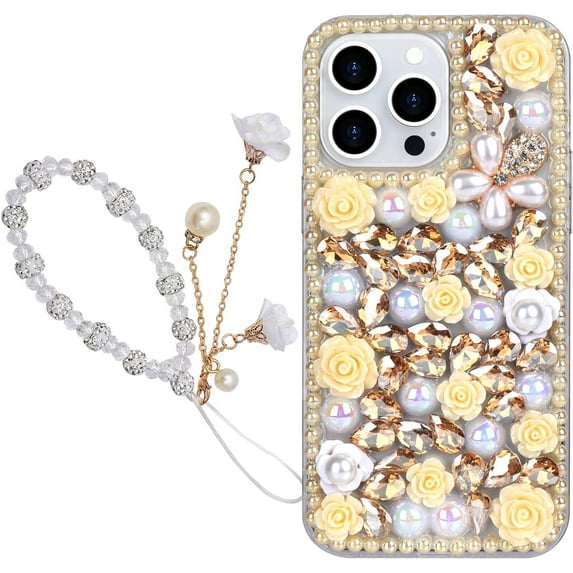 Compatible with iPhone 15 Pro Bling Case with Strap, Luxury Glitter Rhinestone Diamond Crystal Sparkle Rose Flower Pearl Floral Bracelets Soft Bumper Case Cover for Women Girls Yellow