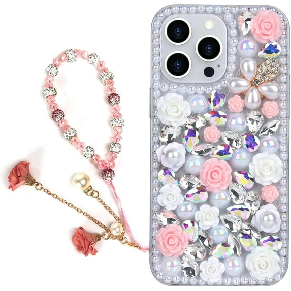 Compatible with iPhone 15 Pro Bling Case with Strap, Luxury Glitter Rhinestone Diamond Crystal Sparkle Rose Flower Pearl Floral Bracelets Soft Bumper Case Cover for Women Girls White Pink