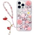 thumbnail image 1 of Compatible with iPhone 15 Pro Bling Case with Strap, Luxury Glitter Rhinestone Diamond Crystal Sparkle Rose Flower Pearl Floral Bracelets Soft Bumper Case Cover for Women Girls Pink, 1 of 14