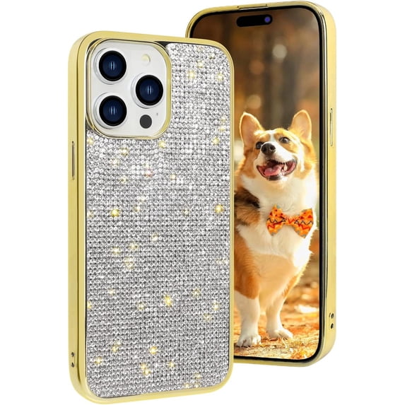 Compatible with iPhone 15 Pro Bling Diamond Case Cute Glitter for Women 3D Rhinestone Crystal Shiny Sparkly with Electroplate Plating Bumper Luxury Fashion Protection Cover Gold