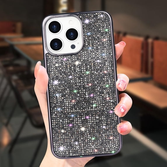 Compatible with iPhone 15 Pro Bling Diamond Case Glitter for Women 3D Rhinestone Crystal Shiny Sparkly Protective Cover with Electroplate Plating Bumper Luxury Fashion Case Black