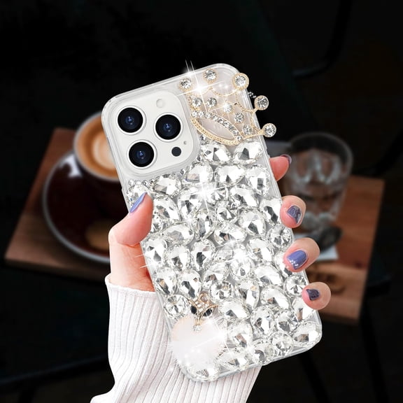 Compatible with iPhone 15 Pro Bling Diamond Case Sparkle 3D Crystal Rhinestone Glitter Case Luxury Cute Crown Fox Case Women Girly Soft TPU Bumper Shockproof Phone Cover, Silver