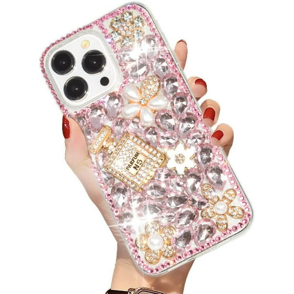 Compatible with iPhone 15 Pro Bling Glitter Case,Luxury Bling Diamond Rhinestone Gemstone 3D Perfume Bottle and Flower Gemstone Soft TPU Back Cover Case for Women Girls with iPhone 15 Pro 6.1"