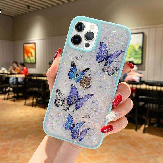 Compatible with iPhone 15 Pro Butterfly Case Cute Bling Glitter Stars Transparent Clear Design Girly Women Girls Soft TPU Lens Protection Luxury Shockproof Shockproof Cover, Blue