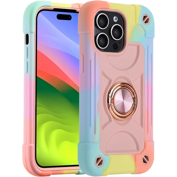 Compatible with iPhone 15 Pro Case 6.1 Inch with Ring Stand, Military Grade Drop Protection Full Body Rugged Heavy Duty Case 3 in 1 Durable Cover for iPhone 15 Pro. (Rainbow Pink)