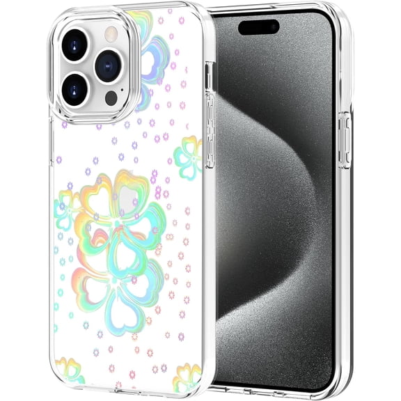 Compatible iPhone 15 Pro Case,Clear Glitter Cute Laser Holographic Floral Pattern Design for Women Girls, Anti-Yellow Hard PC Shockproof Protective Cover for iPhone 15 Pro, Rainbow Leaf Flower