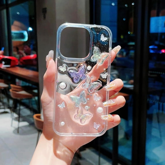 Compatible with iPhone 15 Pro Case Cute 3D Crystal Butterfly Case Sparkling Glitter Bling Stars Sequins Design Transparent Case for Women Girly Soft TPU Anti-Yellow Phone Cover, Clear