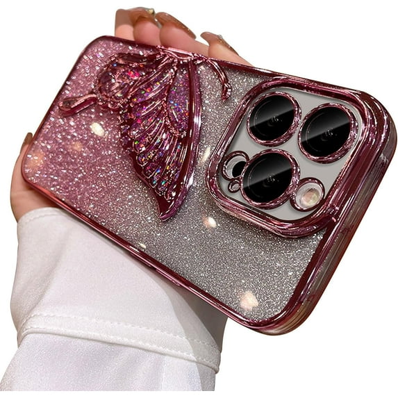 Compatible with iPhone 15 Pro Case, Cute 3D Glitter Butterfly, Luxurious Electroplated Frame Design, Slim Soft Shockproof Case for Ladies and Girls(Pink)
