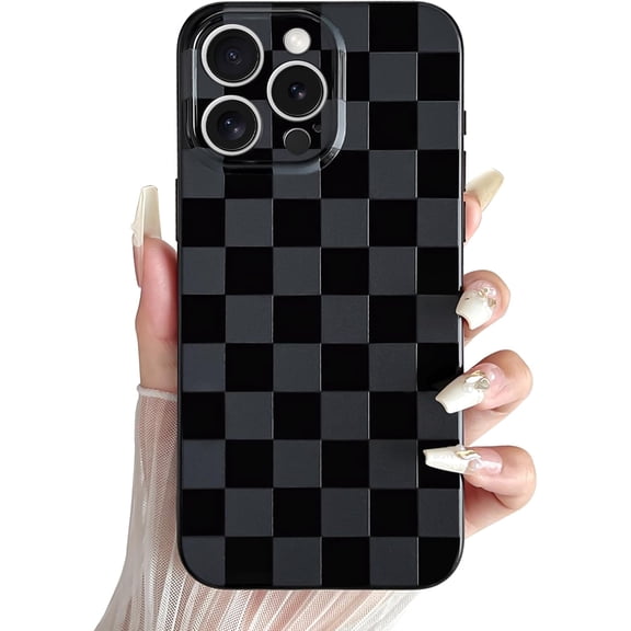 Compatible with iPhone 15 Pro Case Cute Checkerboard Checkered Pattern Design Soft Slim TPU Phone Case Shockproof Full Camera Protection for Women Girls - Black