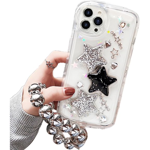 Compatible with iPhone 15 Pro Case Cute Glitter 3D Stars Crystal Clear with Silver Plating Bracelet Chain Design for Girls Women Kawaii Shockproof Protective Case iPhone 15 Pro