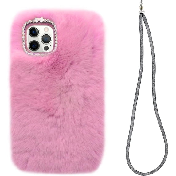 Compatible with iPhone 15 Pro Case Cute Plush Case with Glitter Lanyard Strap Bling Diamond Camera Lens Protector Soft Winter Warm Plush Fluffy Cover for Women and Girls, Pink