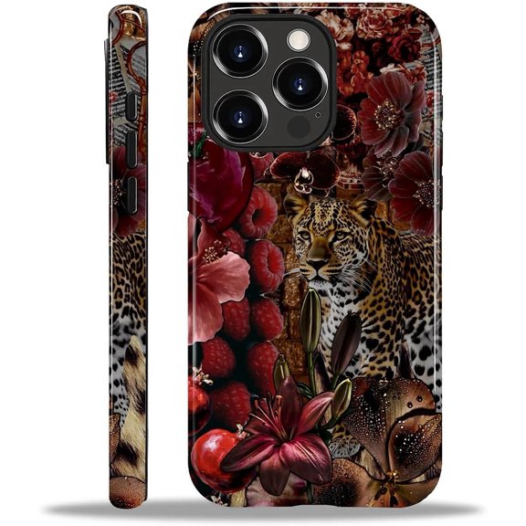 Compatible with iPhone 15 Pro Case, Dual-Layer Protection Hard Shell with Silicone Interior, Slim Scratch Resistant Shockproof for Woman Men Deep Red Fruit Leopard Print Cocktail Collage