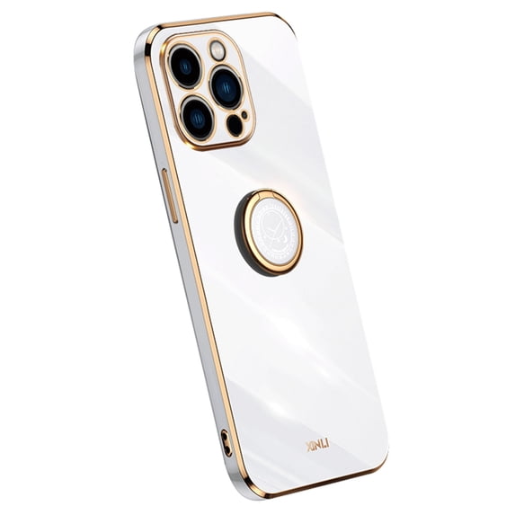 Compatible with iPhone 15 Pro Case Finger Ring Kickstand for Women Girls Rose Gold Edge Full Body Protection Plating Electroplate Case for iPhone 15 Pro, White