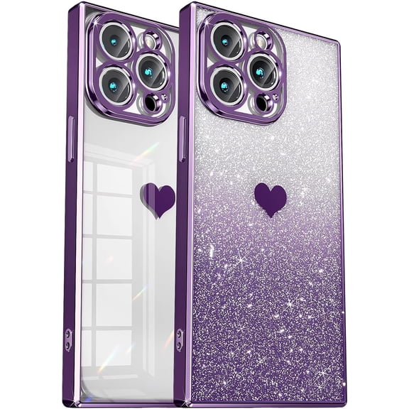 Compatible with iPhone 15 Pro Case Glitter Gradient,Clear & Sparkle with Cute Heart Pattern,Full Lens Protection & Electroplate Reinforced Corners Shockproof Edge Case[6.1 inches]-Purple