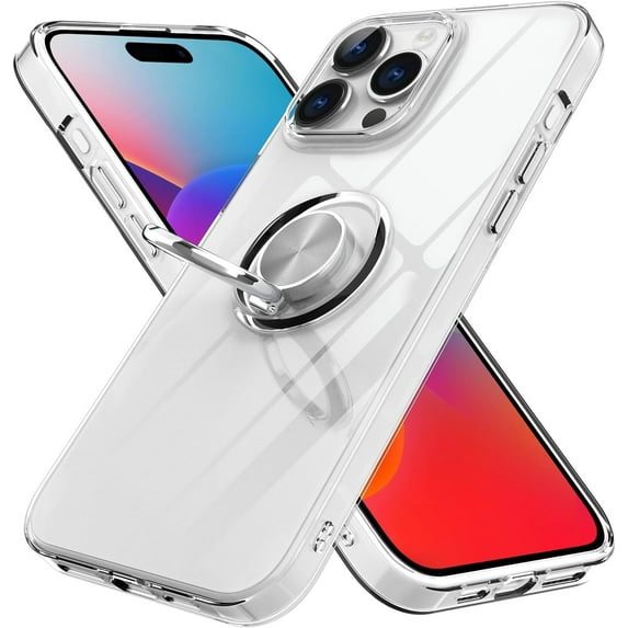 Compatible with iPhone 15 Pro Case Kickstand Car Mount Mental Ring Crystal Luxury Case Camera Protector + Screen Protector Clear Edge Cover Full Body Protection Case -Crystal