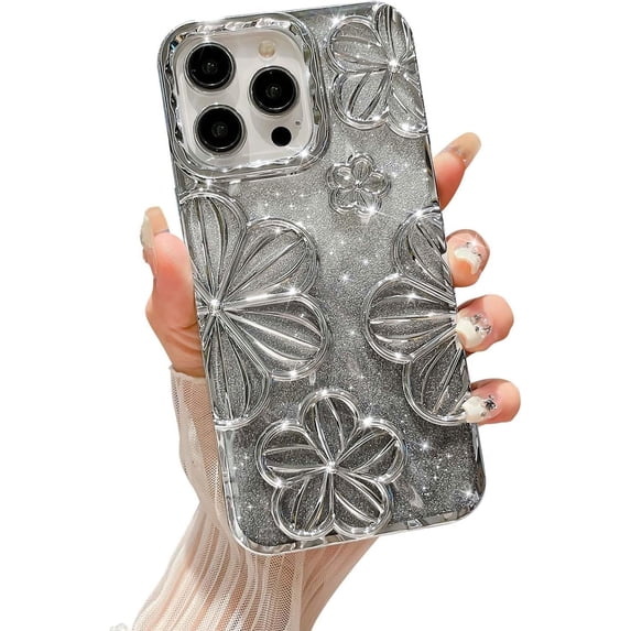 Compatible for iPhone 15 Pro Case, Luxury Plating Gardient Glitter Bling Floral Flower Case Soft TPU Cute Shockproof Protection Case for iPhone 15 Pro 6.1 Inch Women Girls Silver