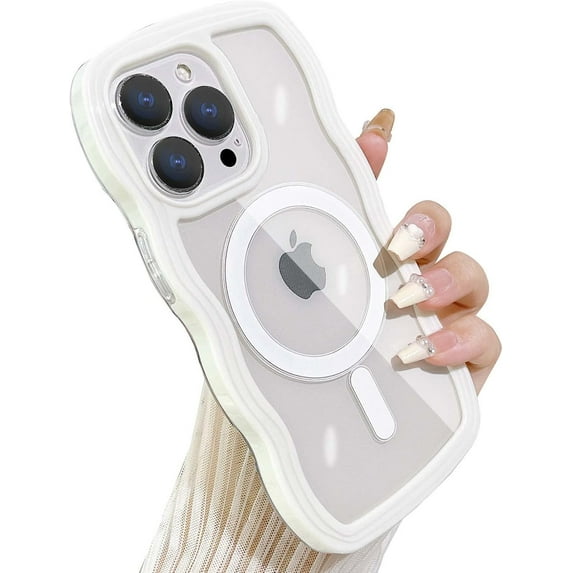 Compatible for iPhone 15 Pro Case Magsafe, Wave Phone Case Cute Water Ripple Candy Colors Frame Shockproof for iPhone 15 Pro Phone Case for Women 6.1 Inch - White