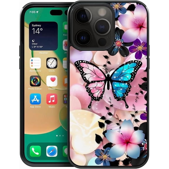 Compatible with iPhone 15 Pro Case,Pattern Design Hard PC Back Cover Non-Slip Soft TPU Protective Case for iPhone 15 Pro for Women 6.1inch-Pink Blue Butterfly