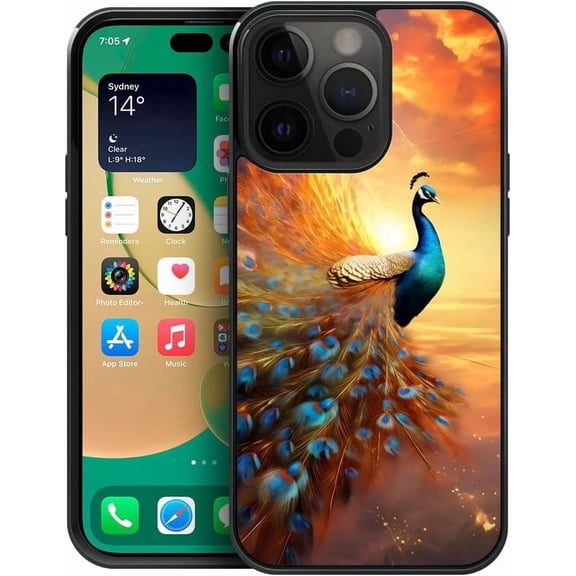 Compatible with iPhone 15 Pro Case,Pattern Design Hard PC Back Cover Non-Slip Soft TPU Protective Case for iPhone 15 Pro for Women 6.1inch-Sunshine Peacock