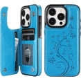 thumbnail image 1 of Compatible with iPhone 15 Pro Case Wallet with Card Holder,Embossed Butterfly Pattern PU Leather Double Buttons Flip Protective Shockproof Cover for Magnetic Car Mount 6.1 Inch (Blue), 1 of 7