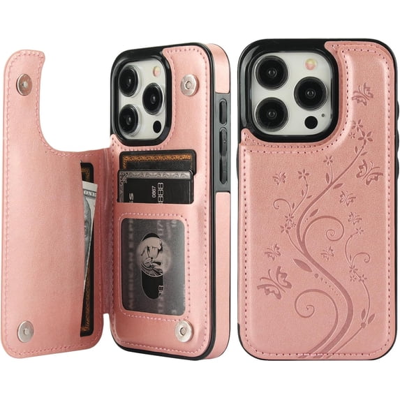 Compatible with iPhone 15 Pro Case Wallet with Card Holder,Embossed Butterfly Pattern PU Leather Double Buttons Flip Protective Shockproof Cover for Magnetic Car Mount 6.1 Inch (Rose Gold)