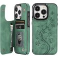 thumbnail image 1 of Compatible with iPhone 15 Pro Case Wallet with Card Holder,Embossed Butterfly Pattern PU Leather Double Buttons Flip Protective Shockproof Cover for Magnetic Car Mount 6.1 Inch (Dark Green), 1 of 13