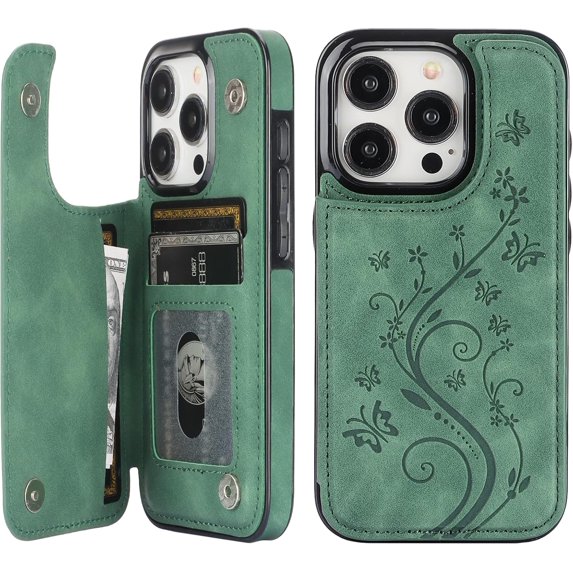 Compatible with iPhone 15 Pro Case Wallet with Card Holder,Embossed Butterfly Pattern PU Leather Double Buttons Flip Protective Shockproof Cover for Magnetic Car Mount 6.1 Inch (Dark Green)