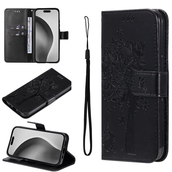 Compatible with iPhone 15 Pro Case Wallet Case with Kickstand Credit Card Holder Slots Cute Cat Butterfly & Tree Embossed Premium PU Leather Protective Phone Case with Wrist Strap,Black