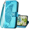 thumbnail image 1 of Compatible with iPhone 15 Pro Case Wallet for Women,Butterfly Embossed PU Leather Flip Folio Cover Card Holder Slots Wrist Strap Protective Phone Case for iPhone 15 Pro 6.1 Inch (Blue), 1 of 7