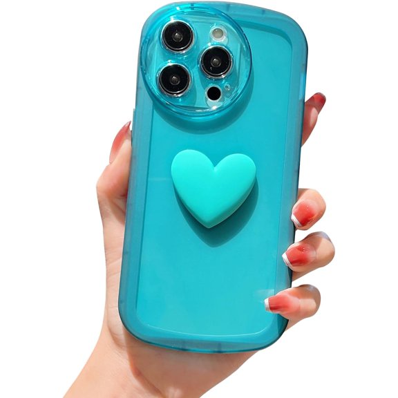 Compatible with iPhone 15 Pro Case for Women Girls Cute 3D Heart Clear Phone Case Camera Lens Protection Shockproof Transparent Round Frosted Edge Soft Silicone Cover 6.1 Inch (Blue)