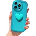 thumbnail image 1 of Compatible with iPhone 15 Pro Case for Women Girls Cute 3D Heart Clear Phone Case Camera Lens Protection Shockproof Transparent Round Frosted Edge Soft Silicone Cover 6.1 Inch (Blue), 1 of 8