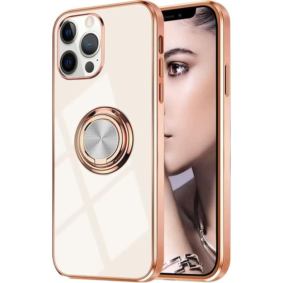 Compatible with iPhone 15 Pro Case for Women Girls Kickstand Ring Holder 360 TPU Rotation Ring Case with Stand Plating Edge Work with Magnetic Mount Slim Luxury Case, White