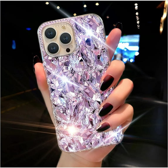 Compatible with iPhone 15 Pro Case for Women,Very Shiny Luxury Bling Phone Case with 3D Glitter Sparkle Crystal Rhinestone Diamond Gems,Soft TPU Bumper Cover for Girly Girls(Purple)