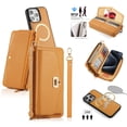 thumbnail image 1 of Compatible with iPhone 15 Pro Crossbody Wallet Purse Phone Case, Detachable Magnetic, RFID Blocking Card Holder, Zipper Lychee Texture Leather Wrist Lanyard Strap Case for Women, Orange, 1 of 15