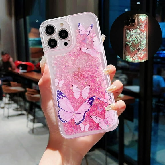 Compatible with iPhone 15 Pro Glitter Butterfly Case Glow in The Dark Women Girls Girly Bling Sparkle Flowing Quicksand Light up Case Soft TPU Bumper Luminous Clear Phone Cover, Pink