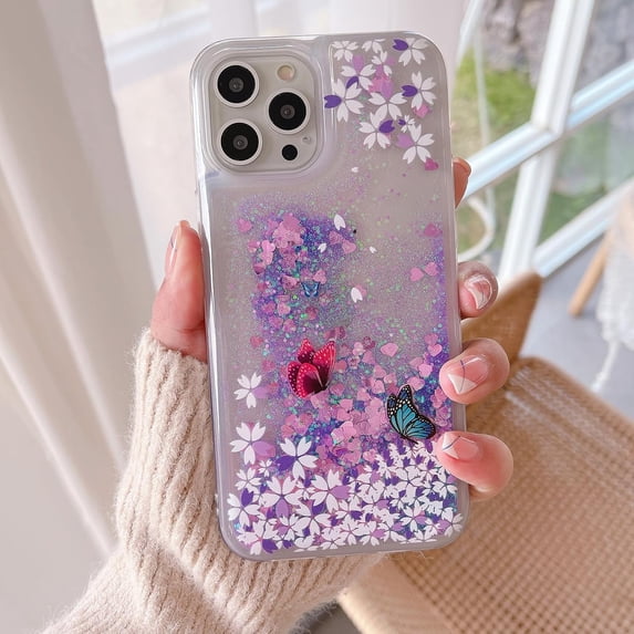Compatible with iPhone 15 Pro Glitter Case Bling Sparkle Luxury Liquid Floating Quicksand Case Women Girls Slim Soft TPU Cute Flower Protective Transparent Cover,Butterfly