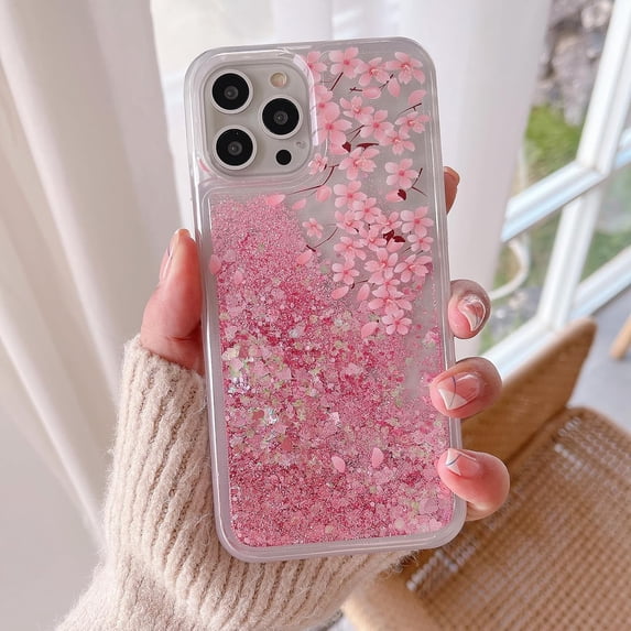 Compatible with iPhone 15 Pro Glitter Case Bling Sparkle Luxury Liquid Floating Quicksand Case Women Girls Slim Soft TPU Cute Flower Protective Transparent Cover, Cherry Blossom