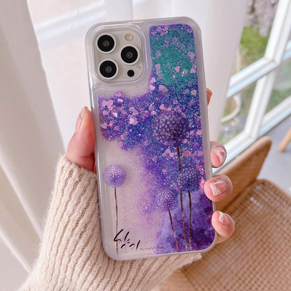Compatible with iPhone 15 Pro Glitter Case Bling Sparkle Luxury Liquid Floating Quicksand Case Women Girls Slim Soft TPU Cute Flower Protective Transparent Cover, Dandelion