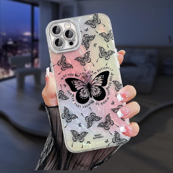 Compatible with iPhone 15 Pro Laser Case Cute Butterfly Seashell Glitter Bling Case with Camera Lens Protection Scratch-Resistant Cover Girly Women Soft TPU Shockproof Phone Cover,Colorful