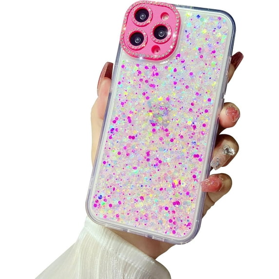 Compatible with iPhone 15 Pro Luminous Case Glow in The Dark Noctiluncent Fluorescent Glitter Case for Women Girls Rhinestone Bling Diamond Camera Bumper Shockproof Phone Cover, Rose