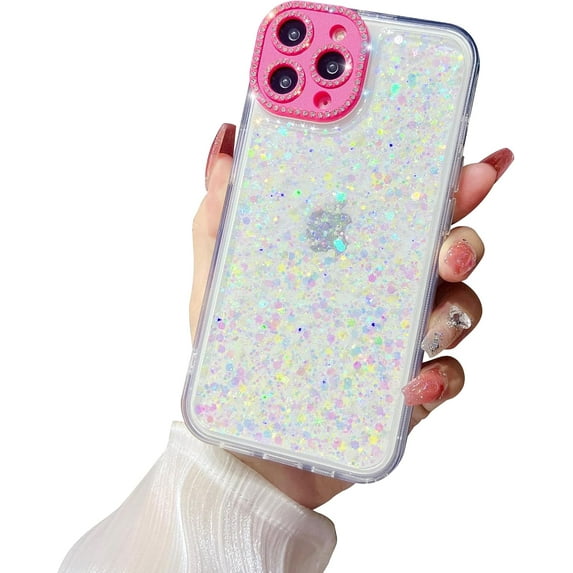 Compatible with iPhone 15 Pro Luminous Case Glow in The Dark Noctiluncent Fluorescent Glitter Case for Women Girls Rhinestone Bling Diamond Camera Bumper Shockproof Phone Cover, White