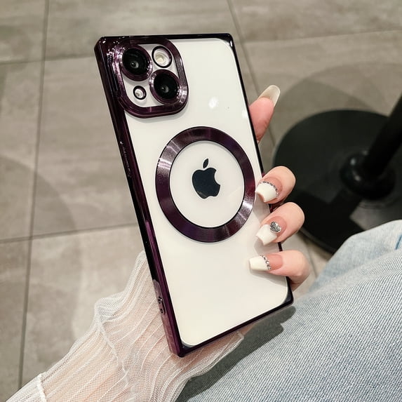 Compatible with iPhone 15 Pro Magnetic Clear Case, Luxury Plating Bling Transplant Shockproof MagSafe Case with Full Camera Lens Protector for iPhone 15 Pro Women Girl Men Elegant - Darkpurple