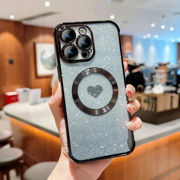 Compatible with iPhone 15 Pro Magnetic Glitter Bling Case, Luxury Love Heart Pattern Plating Case, Compatible with MagSafe for Women Girls Shockproof Soft Rubber TPU Back Cover, Black