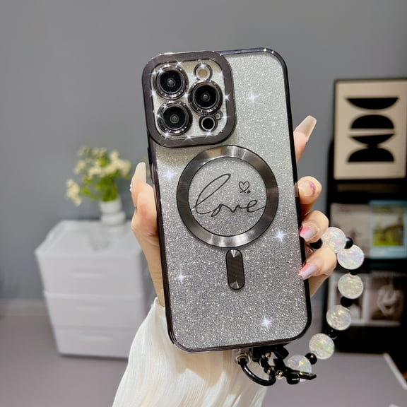 Compatible with iPhone 15 Pro Magnetic Glitter Case, Luxury Love Heart Pattern Plating Clear Case, Compatible with MagSafe for Women Girls Shockproof Back Cover with Bead Bracelet, Black