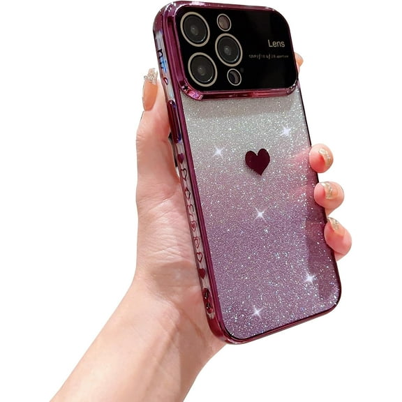 Compatible with iPhone 15 Pro Max 5g Gradient Glitter Heart Phone Case [Full Camera Lens Protector],Luxury Plating Slim Clear Cover with Side Pattern,Soft Shockproof Protective Bumper (Purple)