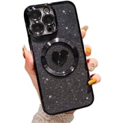 Compatible with iPhone 15 Pro Max 6.7 Inch Case with Magsafe, Plating Heart Glitter Magnetic Case for Women Girl TPU Camera Protection Back Cover for iPhone 15 Pro Max Black